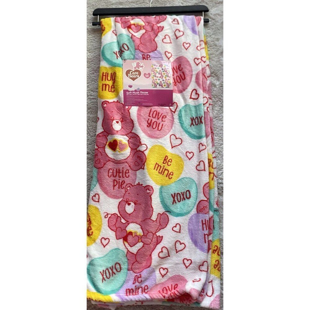 Care Bears Love A Lot Bear Throw Blanket 50 X 70” Conversation Hearts Valentines